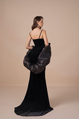 Vintage Black V-Neck Spaghetti-Straps Sleeveless Velvet Wedding Dresses Mermaid With Beads Zipper