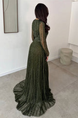 Glamorous Jewel Long Sleeves Evening Dresses Floor Length Beading With Pleats Zipper