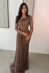 Glamorous Long Sleeves Mermaid Evening Dresses Column Beads With Pleats