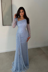 Glamorous Long Sleeves Mermaid Evening Dresses Column Beads With Pleats