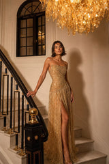 Luxury Gold Strapless Sleeveless Evening Dresses High Split With Lace-Up Back