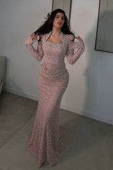 Pretty Pink Long Sleeves Mermaid Evening Dresses Column Pearl With Beads Pleats