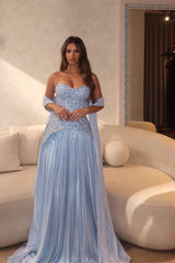 Stunning Sky Blue Sweetheart Strapless Sleeveless Chiffon Evening Dresses Gem With Pleats
