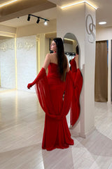 Graceful Red Halter Sleeveless Mermaid Evening Dresses Sheath With Gloves