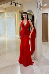 Graceful Red Halter Sleeveless Mermaid Evening Dresses Sheath With Gloves