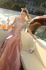 Glamorous Dusty Pink Straps Sleeveless Satin A-Line Evening Dresses Beads With Zipper Pleats