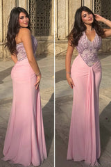 Romantic Pink Halter Sleeveless Satin Mermaid Evening Dresses Beads With Pleats Zipper
