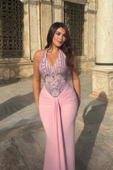 Romantic Pink Halter Sleeveless Satin Mermaid Evening Dresses Beads With Pleats Zipper