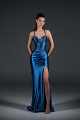 Stunning Blue Sweetheart Sleeveless Satin Evening Dresses Gem Side Split With Lace-Up Back