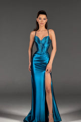 Stunning Blue Sweetheart Sleeveless Satin Evening Dresses Gem Side Split With Lace-Up Back