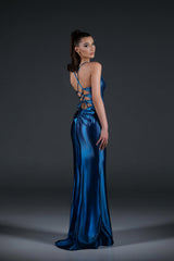 Stunning Blue Sweetheart Sleeveless Satin Evening Dresses Gem Side Split With Lace-Up Back