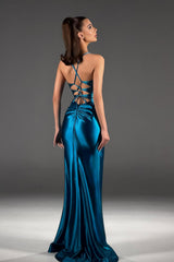 Stunning Blue Sweetheart Sleeveless Satin Evening Dresses Gem Side Split With Lace-Up Back