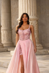Timeless Pink Spaghetti Straps Sleeveless A-Line Chiffon Evening Dresses Gem With Beads