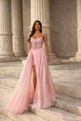 Timeless Pink Spaghetti Straps Sleeveless A-Line Chiffon Evening Dresses Gem With Beads