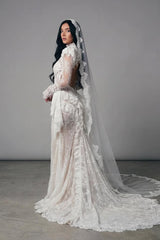 Graceful White High Collar Long Sleeves Lace Evening Dresses Mermaid Backless With Pleats