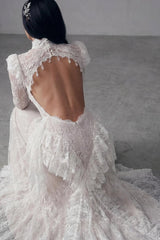 Graceful White High Collar Long Sleeves Lace Evening Dresses Mermaid Backless With Pleats