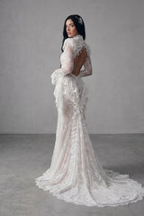 Graceful White High Collar Long Sleeves Lace Evening Dresses Mermaid Backless With Pleats
