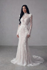 Graceful White High Collar Long Sleeves Lace Evening Dresses Mermaid Backless With Pleats