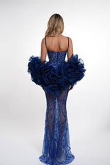 Stunning Blue Sweetheart Spaghetti Straps Sleeveless Mermaid Evening Dresses Beads With Lace-Up Back