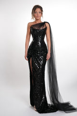 Glamorous Black One Shoulder Sleeveless Sequins Mermaid Evening Dresses High Split With Lace-Up Back