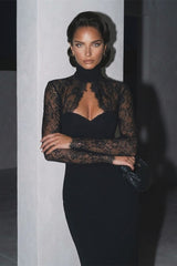 Graceful Black Sweetheart High Collar Long Sleeves Satin Lace Evening Dresses Mermaid Column With Zipper