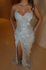 Romantic Strapless Sleeveless Mermaid Evening Dresses Sheath Side Split With Flower