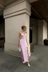 Pretty Pink V-Neck Spaghetti Straps Sleeveless Satin Evening Dresses Lace With High Split
