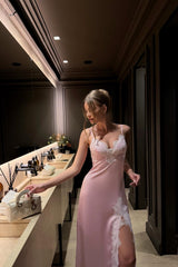 Pretty Pink V-Neck Spaghetti Straps Sleeveless Satin Evening Dresses Lace With High Split