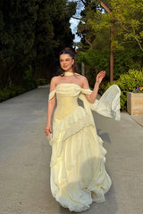 Romantic Daffodil Off-The-Shoulder Chiffon Evening Dresses High Split With Lace-Up Back