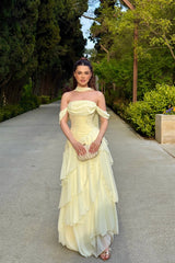 Romantic Daffodil Off-The-Shoulder Chiffon Evening Dresses High Split With Lace-Up Back