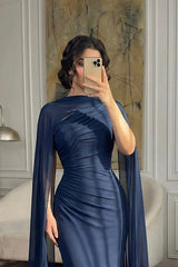 Glamorous Dark Navy One Shoulder Mermaid Evening Dresses Sheath Long With Pleats