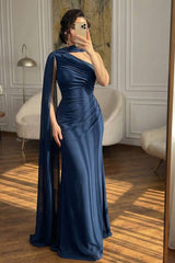 Glamorous Dark Navy One Shoulder Mermaid Evening Dresses Sheath Long With Pleats