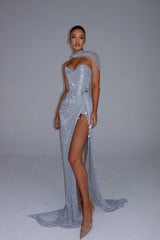 Stunning Silver Sweetheart Strapless Sleeveless Evening Dresses Mermaid Gem With High Split