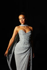 Stunning Silver Sweetheart Strapless Sleeveless Evening Dresses Mermaid Gem With High Split