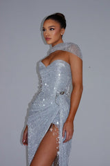 Stunning Silver Sweetheart Strapless Sleeveless Evening Dresses Mermaid Gem With High Split