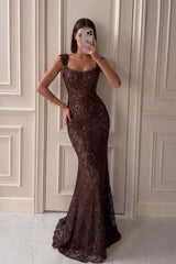 Graceful Chocolate Straps Sleeveless Lace Mermaid Column Long Evening Dresses