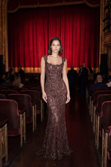 Graceful Chocolate Straps Sleeveless Lace Mermaid Column Long Evening Dresses