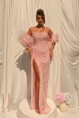 Graceful Pink Strapless Sleeveless Lace Evening Dresses Mermaid High Split With Pleats