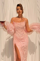 Graceful Pink Strapless Sleeveless Lace Evening Dresses Mermaid High Split With Pleats
