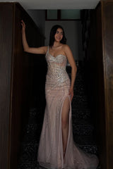 Stunning One Shoulder Sweetheart Sleeveless Mermaid Evening Dresses Gem With High Split