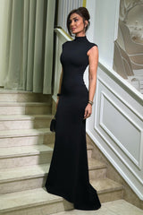 Romantic Black High Collar Sleeveless Satin Mermaid Column Floor Length Evening Dresses