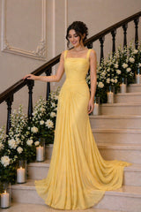 Graceful Yellow Straps Sleeveless Chiffon Evening Dresses Floor Length With Pleats