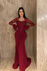 Timeless burgundy Sweetheart Long Sleeves Satin Lace Evening Dresses Mermaid With Pleats