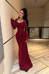 Timeless burgundy Sweetheart Long Sleeves Satin Lace Evening Dresses Mermaid With Pleats