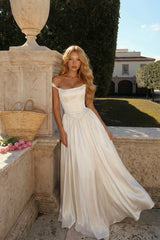 Timeless Off-The-Shoulder Satin Evening Dresses A-Line With Pleats