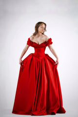 Graceful Red Sweetheart Off-The-Shoulder Satin Evening Dresses A-Line With Pleats