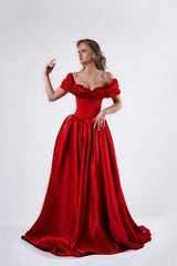 Graceful Red Sweetheart Off-The-Shoulder Satin Evening Dresses A-Line With Pleats