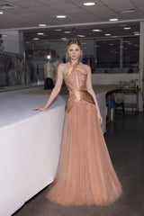 Graceful Halter Sleeveless A-Line Tulle Evening Dresses Gem Backless With Zipper