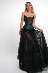 Glamorous Black Strapless Sleeveless Lace Evening Dresses A-Line With Lace-Up Back