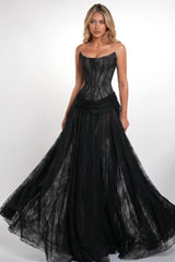 Glamorous Black Strapless Sleeveless Lace Evening Dresses A-Line With Lace-Up Back